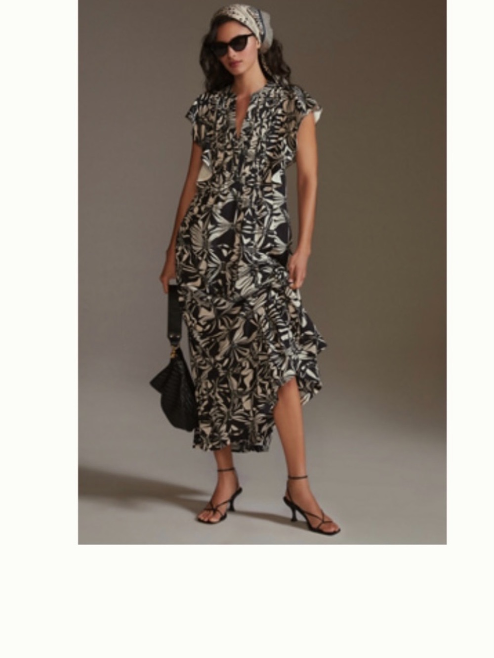 Anthropologie Black & White Floral Ruffle Maxi Dress